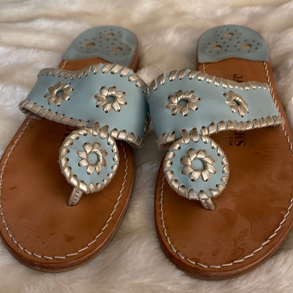 Jack Rogers -Leather Thong Sandal Lt Blue/Silver Size 7